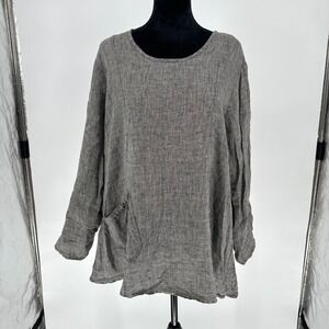 Flax Gray 100% Linen Long Sleeve Tunic Top Pocket Lagenlook Boho Oversized M